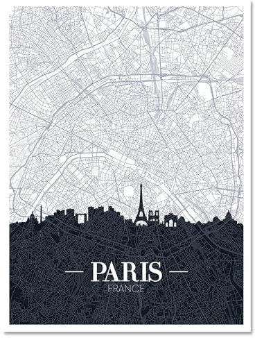 wandmotiv24 Leinwandbild Stadt Karte, Hochformat, Paris, Frankreich, Skyline, Silhouette M0453