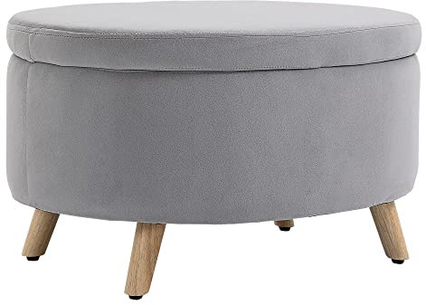 HOMCOM Sitzbank mit Stauraum, Oval Polsterbank mit Deckel, Bettbank mit Samtoptik, für Flur Schlafzimmer Wohnzimmer, Holzbeine 71 x 51,5 x 42 cm Hellgrau