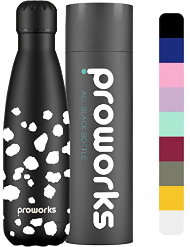 Proworks Bottiglia d'acqua isotermica, senza BPA, borraccia in acciaio inox riutilizzabile per mantenere caldo 12 ore e freddo fino a 24 ore, sport, palestra, viaggi, 1 litro, tutto nero, dalmata