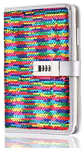VIPbuy A5 Wieder Auffüllbar Tagebuch Notizbuch Liniert mit Schloss,Notebook Journal Buch mit Stift Halter Kartenfächer für Erwachsene Weihnachten Mädchen Geburtstagsgeschenke(Regenbogen bis Silber)