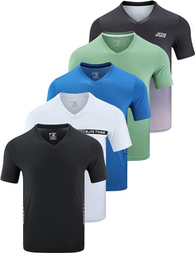Herren T-Shirts mit V-Ausschnitt aus Dry-Fit-Material, sportliche Kurzarmshirts für Training, Funktionsshirts fürs Fitnessstudio (auch in großen Größen erhältlich), 5er-Pack, Mittel