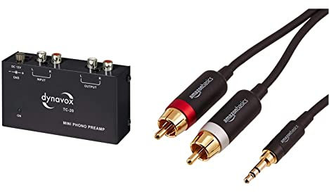 Dynavox TC-20 Phono-Vorverstärker, kompaktes Metall-Gehäuse, 10.5x6.5x3.2cm & Amazon Basics PBH-19821 Cinch-Audiokabel, 3,5-mm-Klinkenstecker auf 2 x Cinch-Stecker, 1,2 m