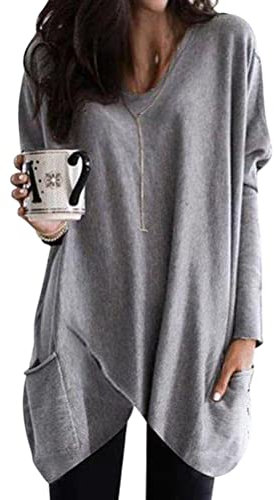 Minetom Langarmshirt Damen V-Ausschnitt Druck Lose Langarm Oberteile Oversize Lang Sweatshirt Tops Asymmetrisch Saum Jumper Pullover Mit Taschen M Grau M