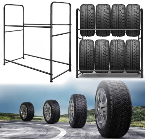 TRMLBE Reifenregal 8 Reifen Reifenständer Höhenverstellbar Zwei Schichten Felgenregal Lagerregal Garagenregal Felgenbaum max. 180 kg für Garage Werkstatt