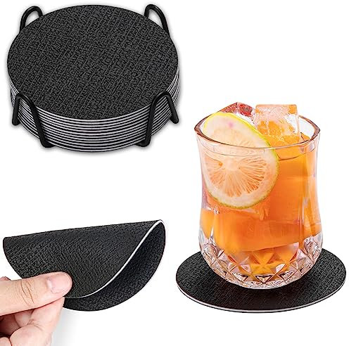 Chitomars Untersetzer Gläser 12er Set, Doppelseitigen Leder Untersetzer Rund rutschfest Glasuntersetzer Abwaschbare Getränkeuntersetzer Kunstleder Glas Untersetzer-Set (Schwarz, Rund)
