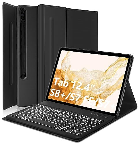 AVNICUD Tastatur Hülle für Samsung Galaxy Tab S8+/S7 FE/S7+ 12,4 Zoll mit Stifthalter, 7-Farbige Beleuchtung QWERTZ Deutsch Bluetooth KTastatur Hülle für Samsung Tab S8 Plus/S7 Plus/S7 Fe,Schwarz