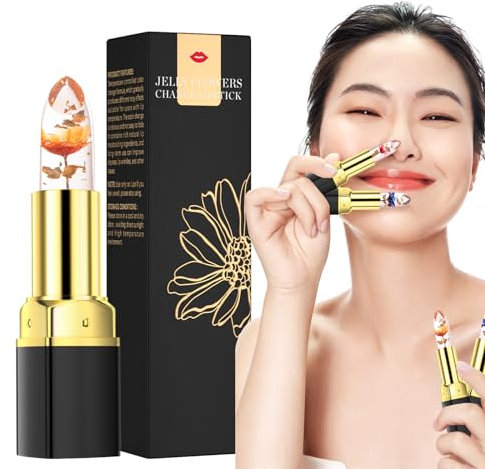 Farbwechsel Jelly Lippenstift Mit Blumen Essence Lipgloss Durchsichtig Lipstick, PH Magic Temperature Farbwechsel Lippenbalsam Langanhaltende Feuchtigkeitscreme (Gold)