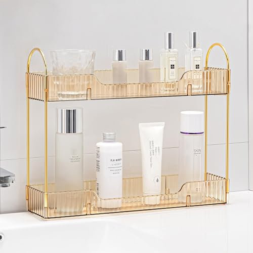 YCIA&DONE 2 Tiers Narrow Vanity Makeup Organizer, Bathroom Organizers Countertop Slim, Perfume Holder Skincare Storage Cosmetic Shelf Spice Rack, for Small Desktop Counter Space, Amber Gold