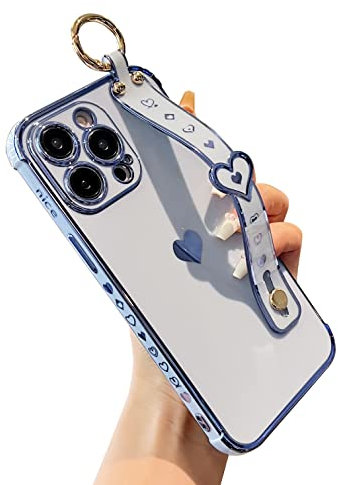 DEFBSC for iPhone 14 Pro Case with Wrist Strap, Cute Side Love Heart Plating Edge Phone Case with Heart Pattern Wristband Finger Holder Stand Soft TPU Bumper Shockproof Protective Case - Blue