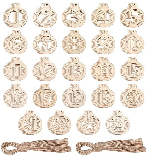 nbeads 96 Stk. Holzzahl für Weihnachten, 1-24 Weihnachten Countdown Adventskalender Hölzerne Nummer Anhänger mit Jute-Seil für Weihnachtsbaumschmuck DIY Handwerk Geschenkanhänger Hängende Ornamente