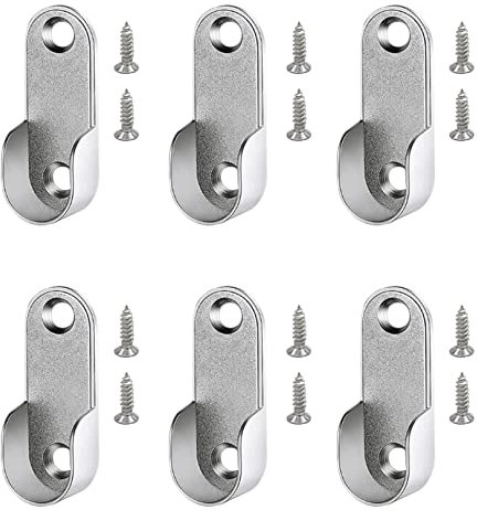 GRVICH 16mm Clothes Rail Wall Bracket, 6 PCS Wardrobe Rail Rod Bracket, Wardrobe Rail Fittings, Rail Bracket Support, for Wardrobe Shower Curtain Closet Curtain Wardrobe Closet (Oval,Silver)