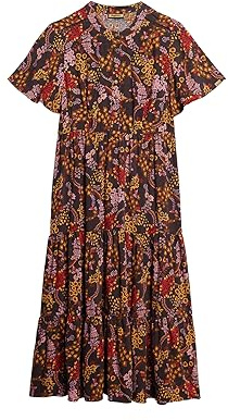 SUPERDRY Damen Kurzärmeliges, gestuftes Midikleid mit Print Schwarz Juju Floraler Print 40