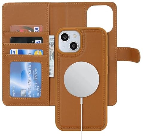 Zouzt for iPhone 13/14 6.1 Inch Detachable Wallet Case with Card Holder for MagSafe, Premium PU Leather 2 in 1 Flip Folio Book Magnetic Stand Protective Phone Cover for iPhone 13/14 - Brown
