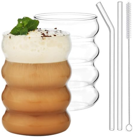 ALINK Plus Size Gerippte Trinkgläser mit Glasstrohhalmen 2er Set, 530ml bubble glas,Eiskaffeegläser, wave glas, Wassergläser,Longdrinkgläser für Cocktail,Wasser, Soda, Geschenk