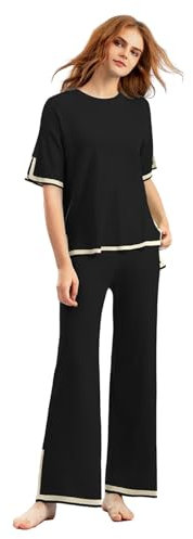 Laspi 2-teilige Outfits Sets Für Damen Loungewear Kurzärmeliges Strickpullover Oberteil Und Hose Mit Weitem Bein Sweatsuit 2-teiliges Strickset Für Damen Langärmliges Pullover Oberteil Hose