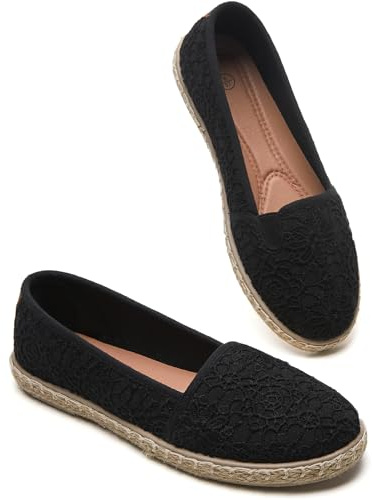 BABUDOG Women's Flats with Flower Embroideried,White Lace Ballet Flats,Comfortable Dress Flats(Black.US8)