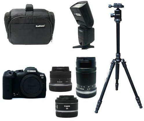 KamKorda Camera Bag + Flash + Tripod + R7 Mirrorless Camera + RF-S 18-45mm + RF-S 55-210mm + RF 50mm f/1.8 STM lenses, 32.5MP APS-C CMOS Sensor, 4K60 10-Bit Video + 2 Year Warranty