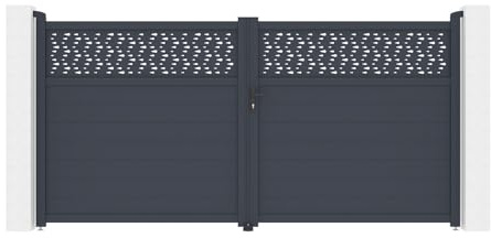 Vente-unique - Flügeltor L355 x H181 cm Aluminium halbvoll mit anthrazitfarbenen Motiven - BAZIO