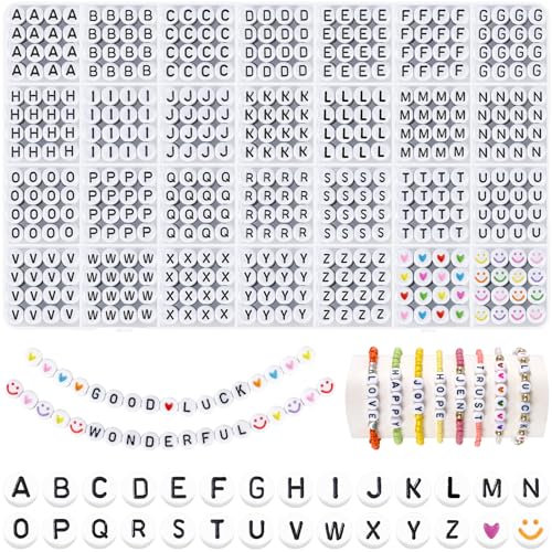 I LOVE MOM 2000 Stück Perlen zum Auffädeln, Buchstabenperlen A bis Z Schwarz Bunt Herzperlen, Alphabet Perlen für Armbänder für DIY Armbänder Bastelset Schmuckherstellung