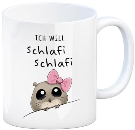 Meme Hamster Kaffeebecher mit Spruch Ich will Schlafi Schlafi Berühmte Traurige Maus mit Kulleraugen Trendiger Hamstertrend Meme-Fans Hamstertasse
