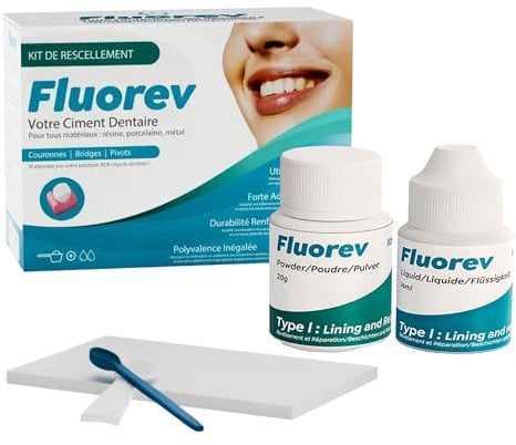 FLUOREV - Ciment Dentaire Ionomère - Kit de Rescellement Temporaire pour Obturations Dentaires Urgentes - Pansement Dentaire de Haute Qualité, Facile à Utiliser