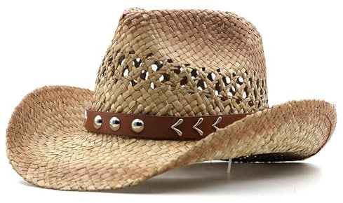 Sombrero de Cowboy de Paja para Hombre Mujer, Western Cowgirl Hat Gorros de Vaquero Panamá con Banda Occidental, Gorras de Sol Verano Sombrero de Playa (FR/ES, Letras, Talla única, Caqui)