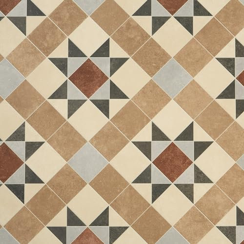Tile Effect Vinyl Flooring Roll Brown & Beige Victorian Felt Back Lino Flooring for Kitchens, Bathrooms and Hallways 2m 3m Width 2m To 7m Length (Brindley, Sample)
