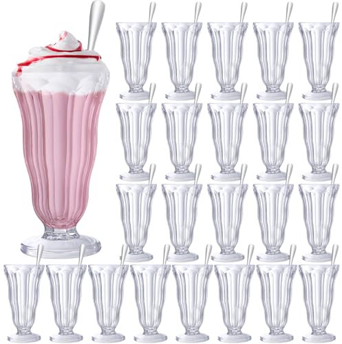Maxcheck 24 Set Milkshake Glass 17 oz Sundae Glasses with Stainless Steel Spoons Old Fashioned Milkshake Cups Plastic Ice Cream Float Glasses Clear Soda Glasses for Juice Tropical Drinks Party
