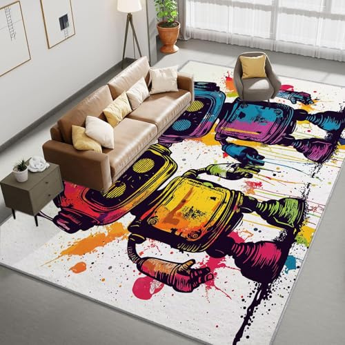 Rutschfester Teppich 120 x 170 cm, Abstrakte Kunst Cartoon Roboter Kurzflor Läufer für Wohnzimmer, Aquarell Weicher Rechteckiger Teppich für Schlafzimmer, Waschbarer Teppichläufer Deko