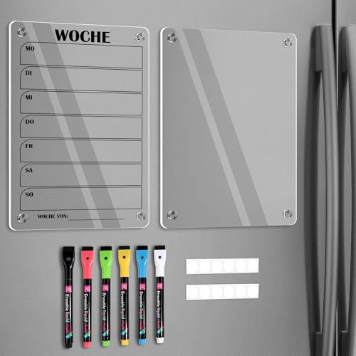 BIROYAL 2 Stück Wochenplaner Abwischbar, Acryl Wochenplaner Magnetisch, Kühlschrank Kalender Magnetisch, Transparent Planungstafeln mit 6 Whiteboard-Stift Haushaltsplan