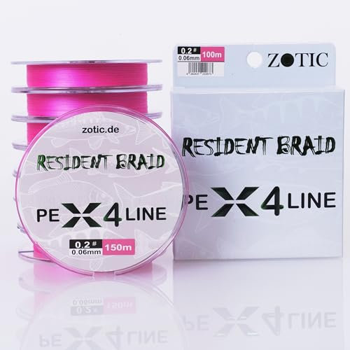 Zotic Resident Braid PE X4/X8-4-fach/8-fach geflochtene Angelschnur für Baitcaster u. Spinnrute, Profi Angelzubehör, Raubfisch, Angelsehne, 100m 150m 300m (X4 Pink, 150m - 0.12mm - 5.7kg)
