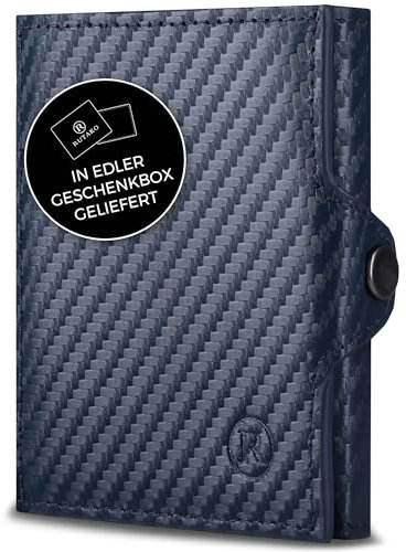 RUTAKO Slim Wallet mit XL Münzfach & RFID-Schutz - Kartenetui Herren & Damen - Kreditkartenetui klein - Mini Geldbörse - Portmonee Portemonnaie klein - Geldbeutel Carbon-Blau