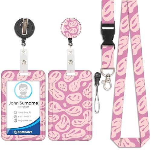 Porte-Cartes Smiley Rose, Badge D'Identification, LanièRe Détachable avec Clip Rétractable pour Porte-CléS, Cartes de Visite, Cartes de Porte, Cartes D'Identité