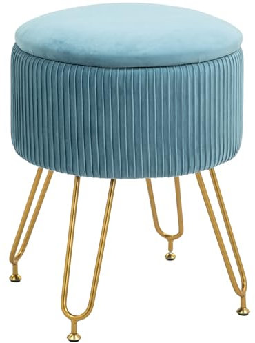 HOMCOM Pouf mit Aufbewahrung, 13,5 l, Sitzsack, Wohnzimmer, Schminktisch, aus Samt mit Stahlbeinen, runde Fußstütze bis 110 kg, für Flur, Schlafzimmer, Wohnzimmer, Hellblau