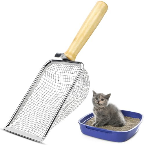BINYI Pelle Litiere Chat Metal Pelle a Crotte Chat Accessoire 5 mm Pelle à Litière pour Chat Cat Litter Scoop avec Manche en Bois pour Animaux Domestiques Chats Chiens Lapin