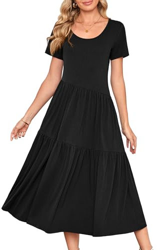 Beluring Maxikleid Damen Sommer Kurzarm Strandkleid Lässig Rundhals Plissee Shirtkleid Basic Kleider Schwarz S
