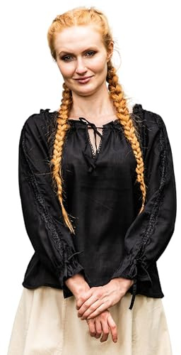 Leonardo Carbone® Damen Bluse Mittelalterbluse Bettina | Rüschen-Décolleté | Spitzenakzente | Karneval, Halloween, Cosplay, LARP, Tunika, Hemd, Kostüm | 100% Baumwolle Schwarz L