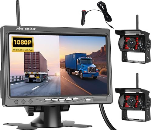 OiLiehu Kabellose Digitale Rückfahrkamera Set mit 7 IPS Monitor, Dual AHD IP68 Infrarot-Nachtsicht, 1080P Funk-System und Toter-Winkel-Warnung}