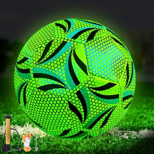 LYPPUL Leuchtender Fußball Größe 5, Fußball Leuchtend im Dunkeln, Reflektierender Fußball, Fußball Leuchtend mit Pumpe für Fußballtraining Nachtspiele, Leder Fußball für Fußballtraining Nachtspiele