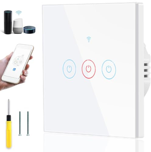 Acmerota Interruptor táctil de luz de pared inteligente WiFi Interruptor de luz inteligente 3 Gang, control remoto APP, funciona para Echo y Google Home, cable vivo neutro + cable vivo simple