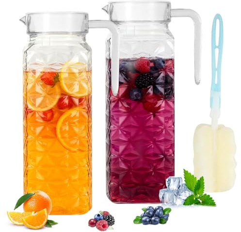 QLFJ-FurDec 2 Pack 1.1L Wasserkaraffe kanne mit Deckel und Griff, Acryl Transparenter Karaffe Krug, Wasserkrug Pitcher für Kühlschrank, Leicht zu Reinigender Karaffe Glas für Milch