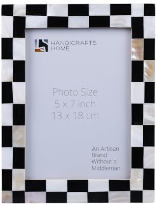 Handicrafts Home Checkerboard Picture Frame – 5x7 White Black Mother of Pearl & Resin for Wall, Tabletop Display, Room Decor- Handmade Gift Idea- Minimalist Photo Display, Modern Shelf decor