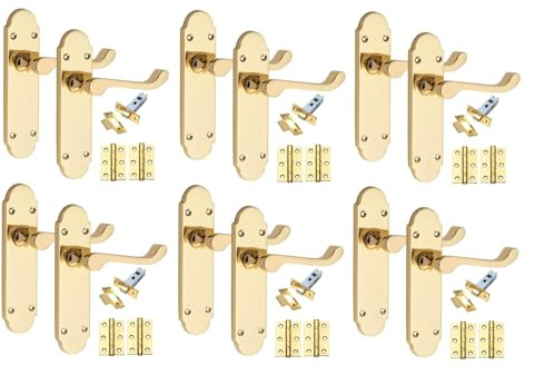 Golden Grace Victorian Scroll Door Handle Set Polished Brass, 6 Sets