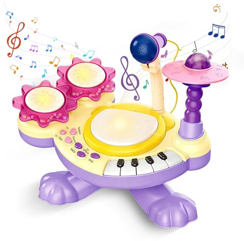 Schlagzeug Kinder ab 3 Jahre, Handklatsch Trommel Kinder mit Musik, Lichtern, Mikrofon und Klaviertasten, Früherziehung Baby Schlagzeug Musikinstrumente Spielzeug Weihnachten Geschenk (Lila)