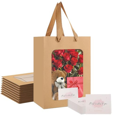 10 Stück Braun Geschenktüte mit Fenster, Geschenktaschen mit 10 Grußkarte, Krafttaschen mit Griffen Wiederverwendbar Papiertüten Handtragebeutel für Party, Geburtstage, Hochzeiten (20×16×30 cm)