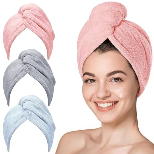 KU 3 Stück Mikrofaser Handtuch Haare, Turban Haarhandtuch mit Knopf, Super Saugfähig Schnelltrocknendes, Haircare, Schlafen, Ppassend für Damen&Kinder-Lange, Kurze, Curly Haare(Grau Rosa Blau)