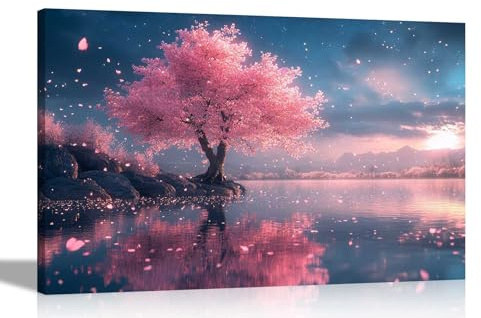 Artley Prints - Evening at Lake Cherry Tree Moonlit Landscape Canvas Prints For Living Room Bedroom Wall Art Pictures Extra Large 101 x 76cm (40 x 30 inches)