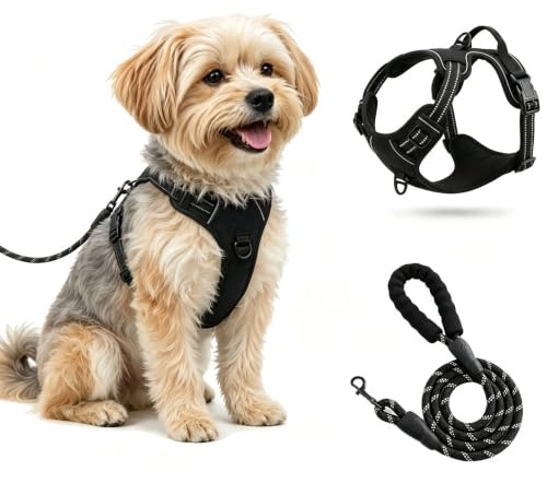 Hundegeschirr mit Griff, atmungsaktives Brustgeschirr mit Reflexstreifen, sicheres Zuggeschirr ohne Würgen für mittelgroße Hunde und große Hunde, schwarz S