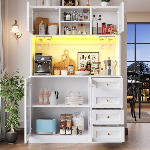 VIVCA Armario lateral de almacenamiento para cocina, armario de bufé, 120 x 40 x 188 cm, estilo rústico, 4 puertas, con barra de luz LED y soporte para bebidas, color blanco.
