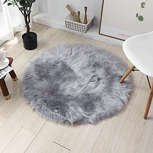 SXYHKJ Faux Lammfell Schaffell Teppich Lammfellimitat Teppich Longhair Fell Optik Nachahmung Wolle Bettvorleger Sofa Matte (90cm - - Rund, Grau)